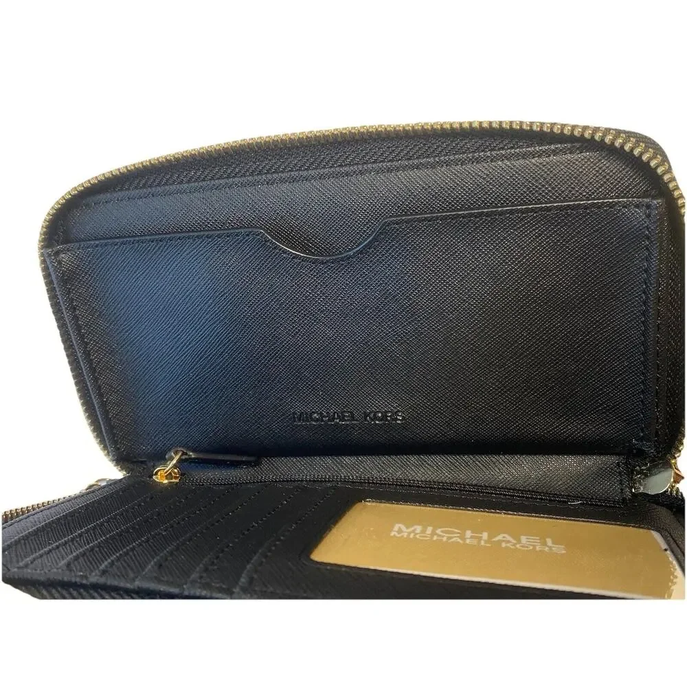 MICHAEL KORS Fulton‎ Black Pebbled Leather Wristlet/Wallet with Zipper & Gold